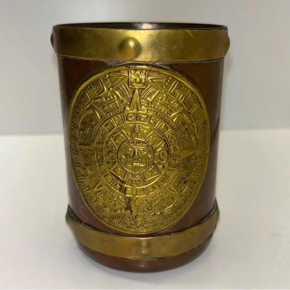 Vintage souvenir copper & brass Mayan Aztec sun god Mexican mug - Picture 1 of 8